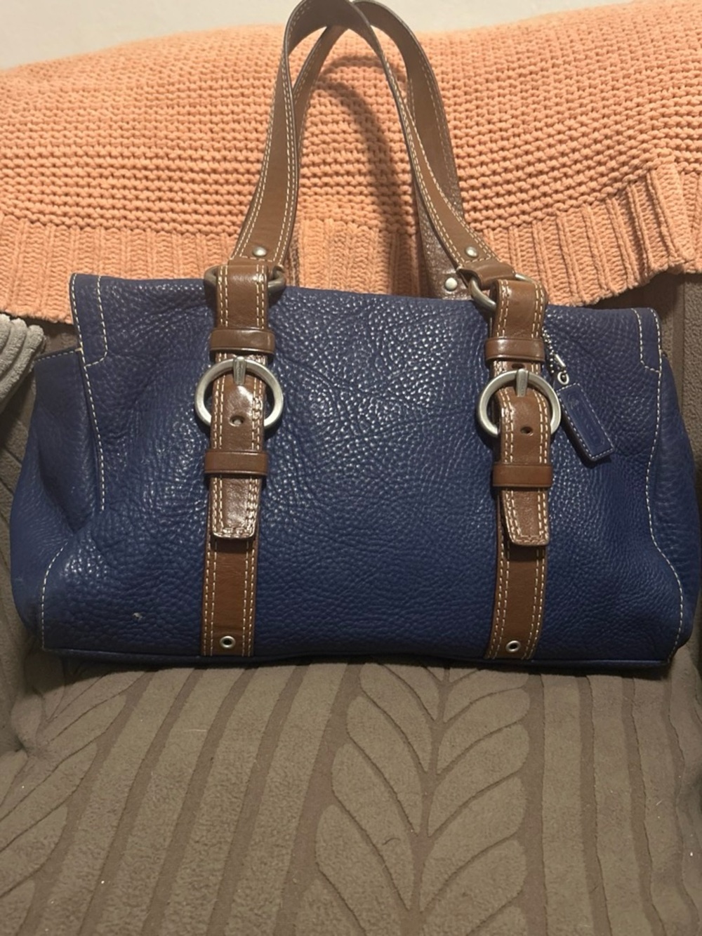 Coach Navy Pebbled Leather Shoulder Bag with Brown Trim